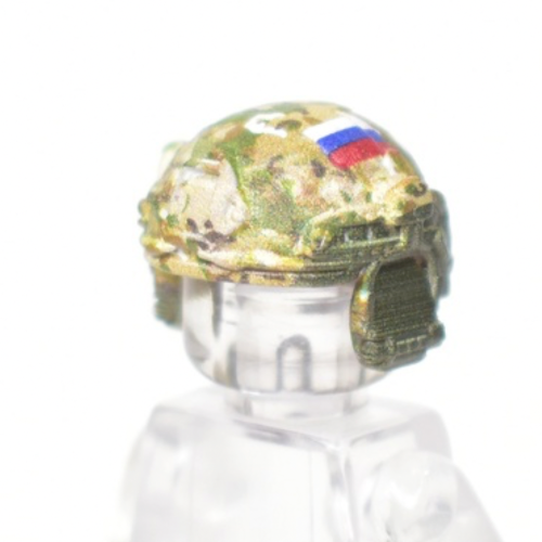 Lego compatible combat helmet with headphones, vertical mount, Russian flag, multicam camouflage