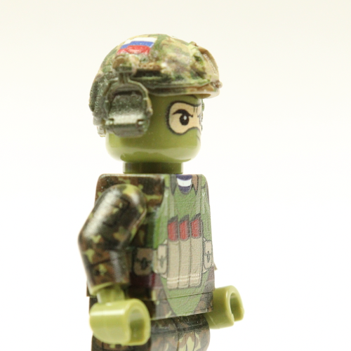 Lego compatible combat helmet with headphones, vertical mount, Russian flag, multicam camouflage