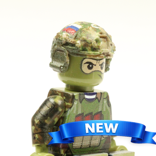 Lego compatible combat helmet with headphones, vertical mount, Russian flag, multicam camouflage