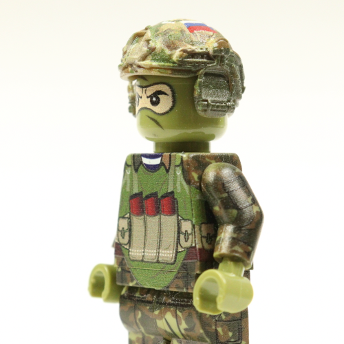 Lego compatible combat helmet with headphones, vertical mount, Russian flag, multicam camouflage