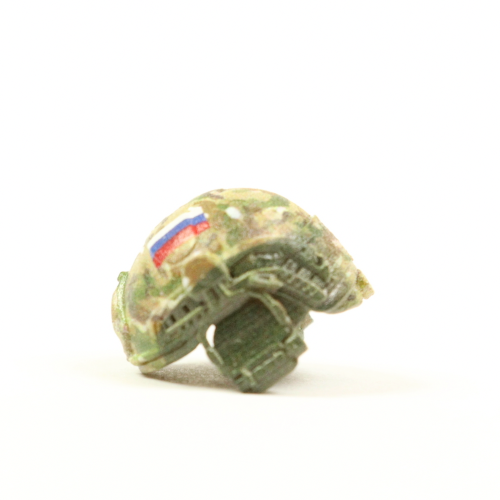 Lego compatible combat helmet with headphones, vertical mount, Russian flag, multicam camouflage