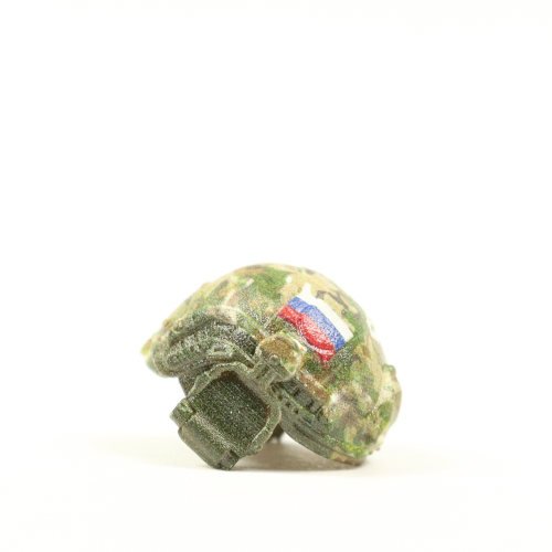 Lego compatible combat helmet with headphones, vertical mount, Russian flag, multicam camouflage