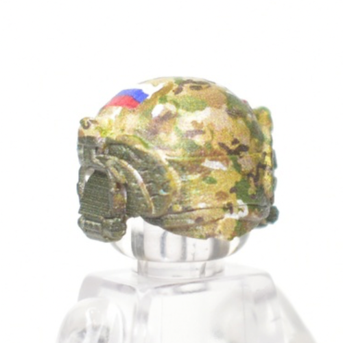 Lego compatible combat helmet with headphones, vertical mount, Russian flag, multicam camouflage