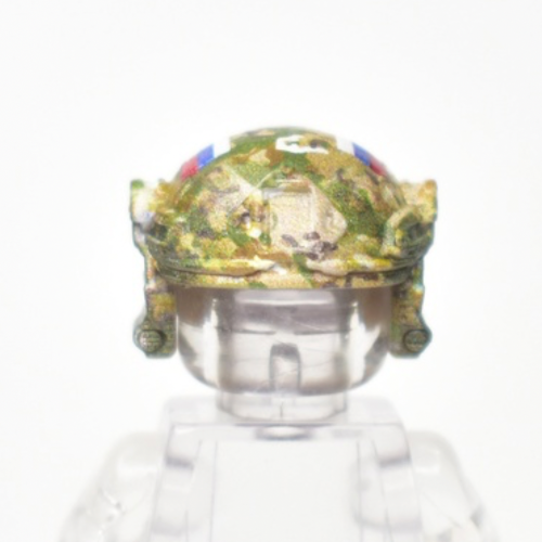 Lego compatible combat helmet with headphones, vertical mount, Russian flag, multicam camouflage