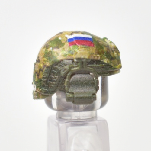 Lego compatible combat helmet with headphones, vertical mount, Russian flag, multicam camouflage