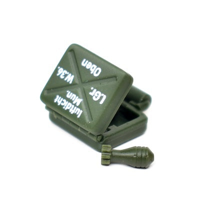 German box for 50 mm mortar mines. With mines. Dark green. for LEGO minifigures